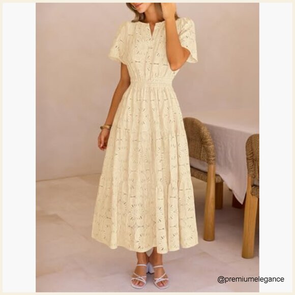 Summer Floral Maxi Dress Boho Eyelet Lace Short Sleeve A Line Tiered - Picture 2 of 7
